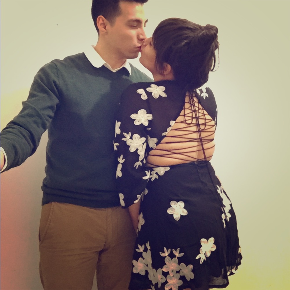 Akira Black Embroidered Floral Dress Lace Back